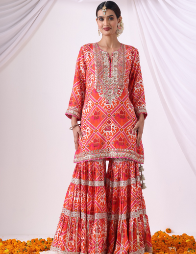 Noor Digital Printed Orange-Pink Gharara Set