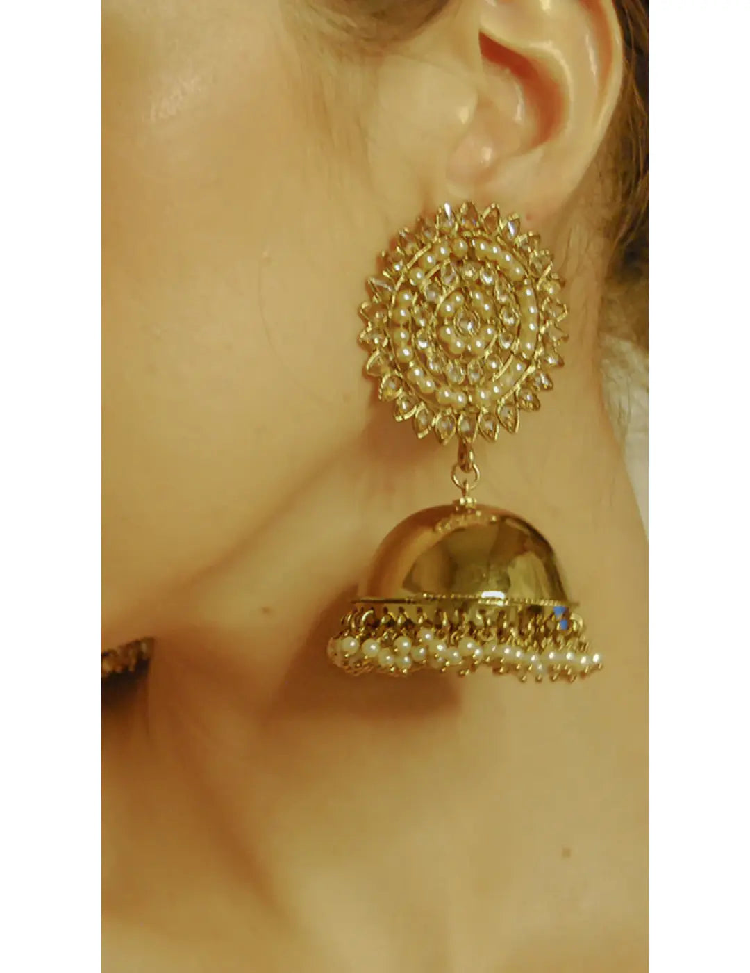 Gold Finished Embellished Jhumkas With Pearl Drops