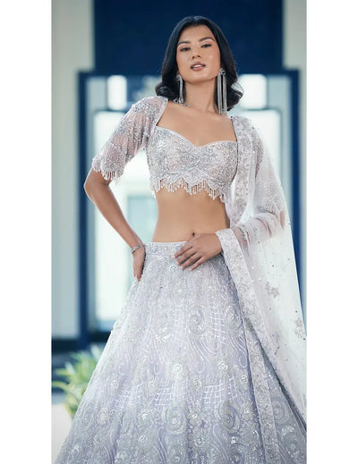 Lilac Embroidered Net Lehenga Set