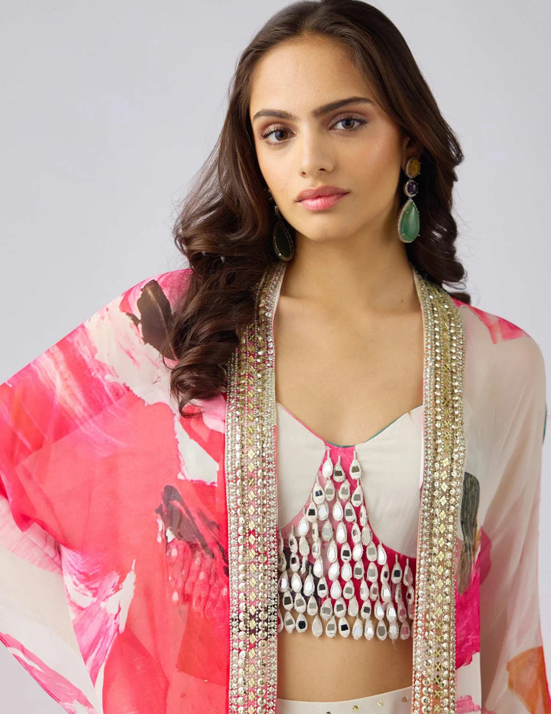 Multi Crepe Embroidered Floral Cape Set