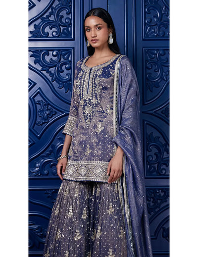 Blue Tissue Embroidered Sharara Set