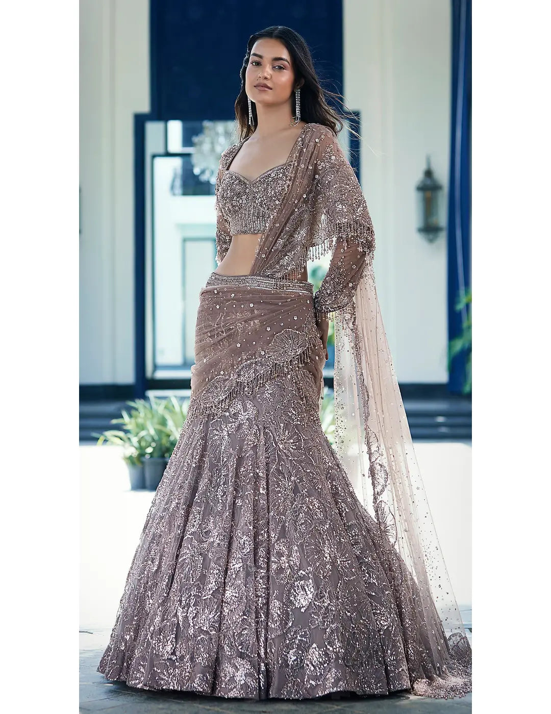 Rose Gold Net Embroidered Lehenga Set