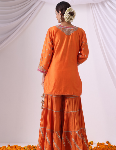 Noor Orange Gharara Set with Embroidered Kurti & Dupatta