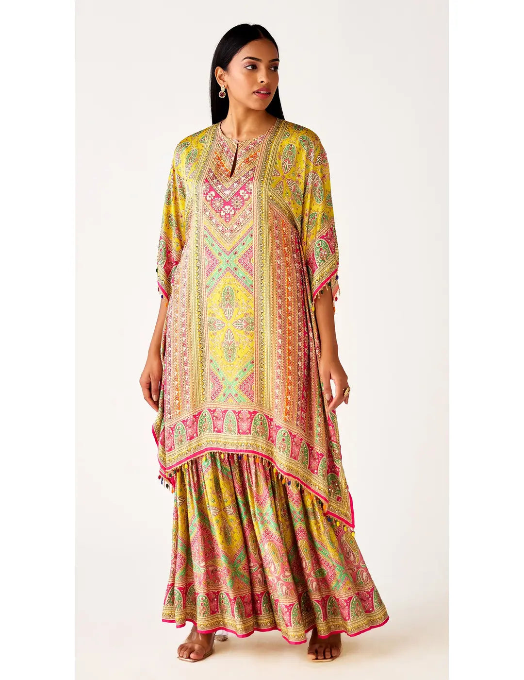 Multi Satin Embroidered Kaftan Co-Ord Set