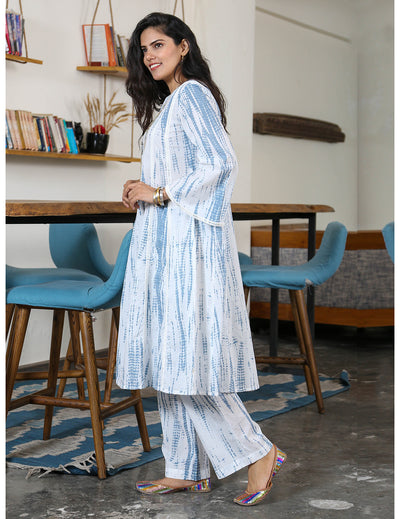 Blue Shibori Print Kali Kurta Set