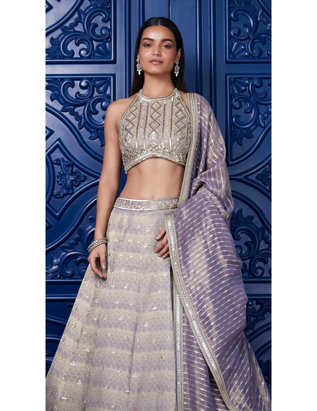 Mauve Tissue Embroidered Lehenga Set