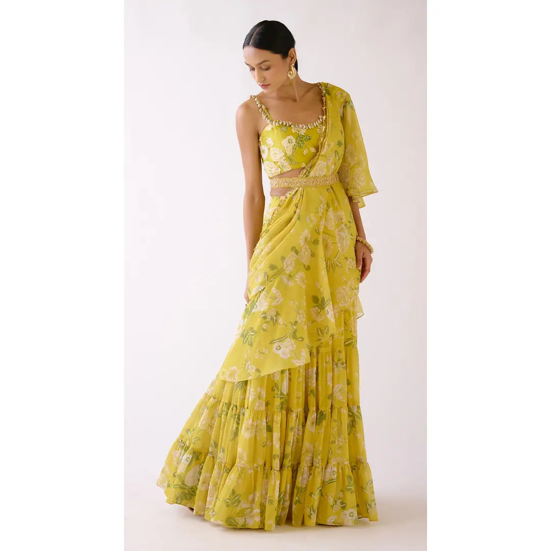 Yellow Embellished Floral Draped Saree