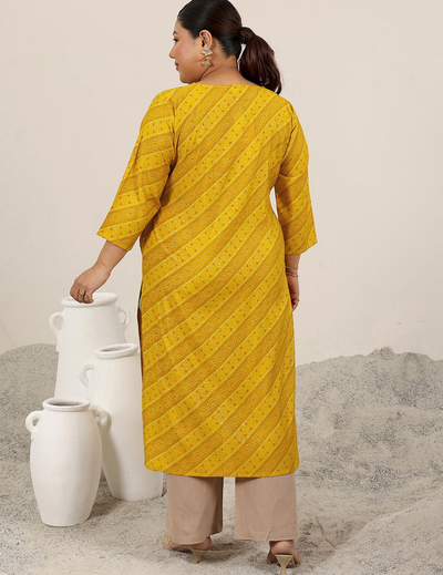 Mustard Bandhani Printed V-Neck Zari Straight Kurta