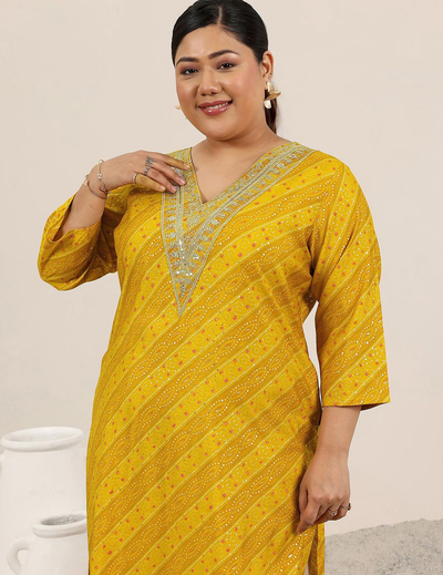 Mustard Bandhani Printed V-Neck Zari Straight Kurta
