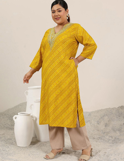 Mustard Bandhani Printed V-Neck Zari Straight Kurta