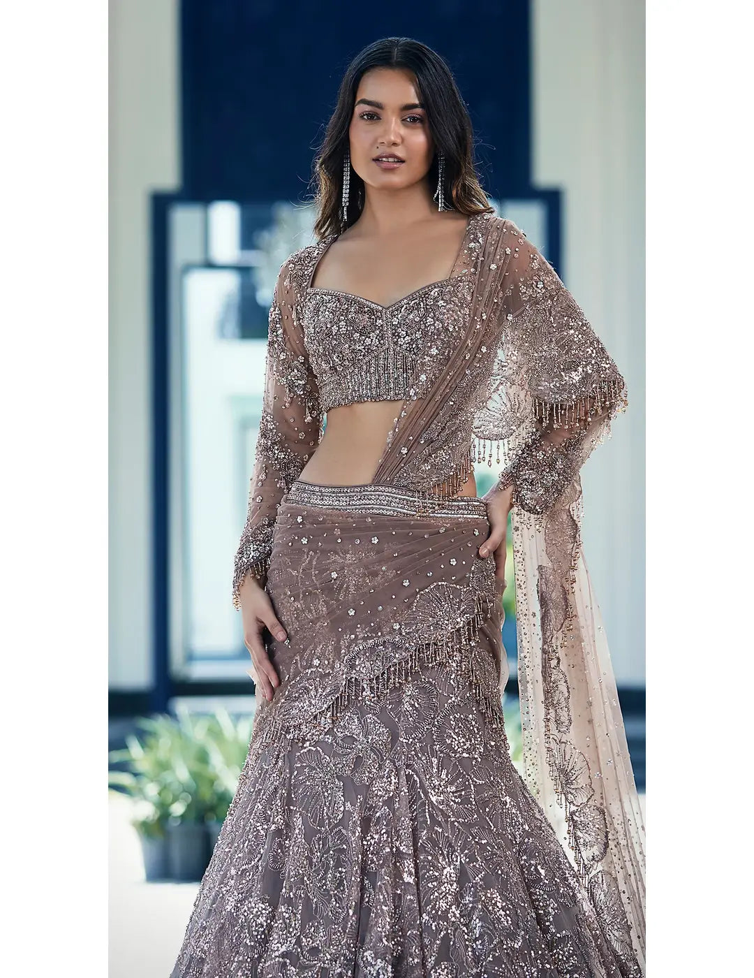 Rose Gold Net Embroidered Lehenga Set