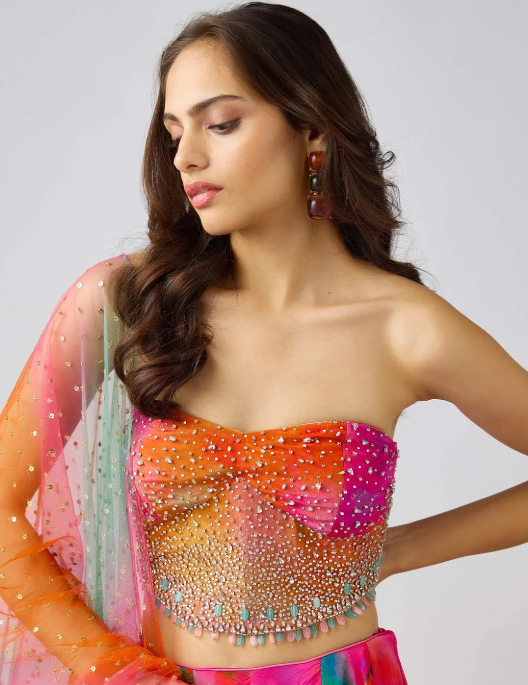 Pink Chinon Embroidered Lehenga Set