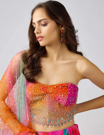 Pink Chinon Embroidered Lehenga Set