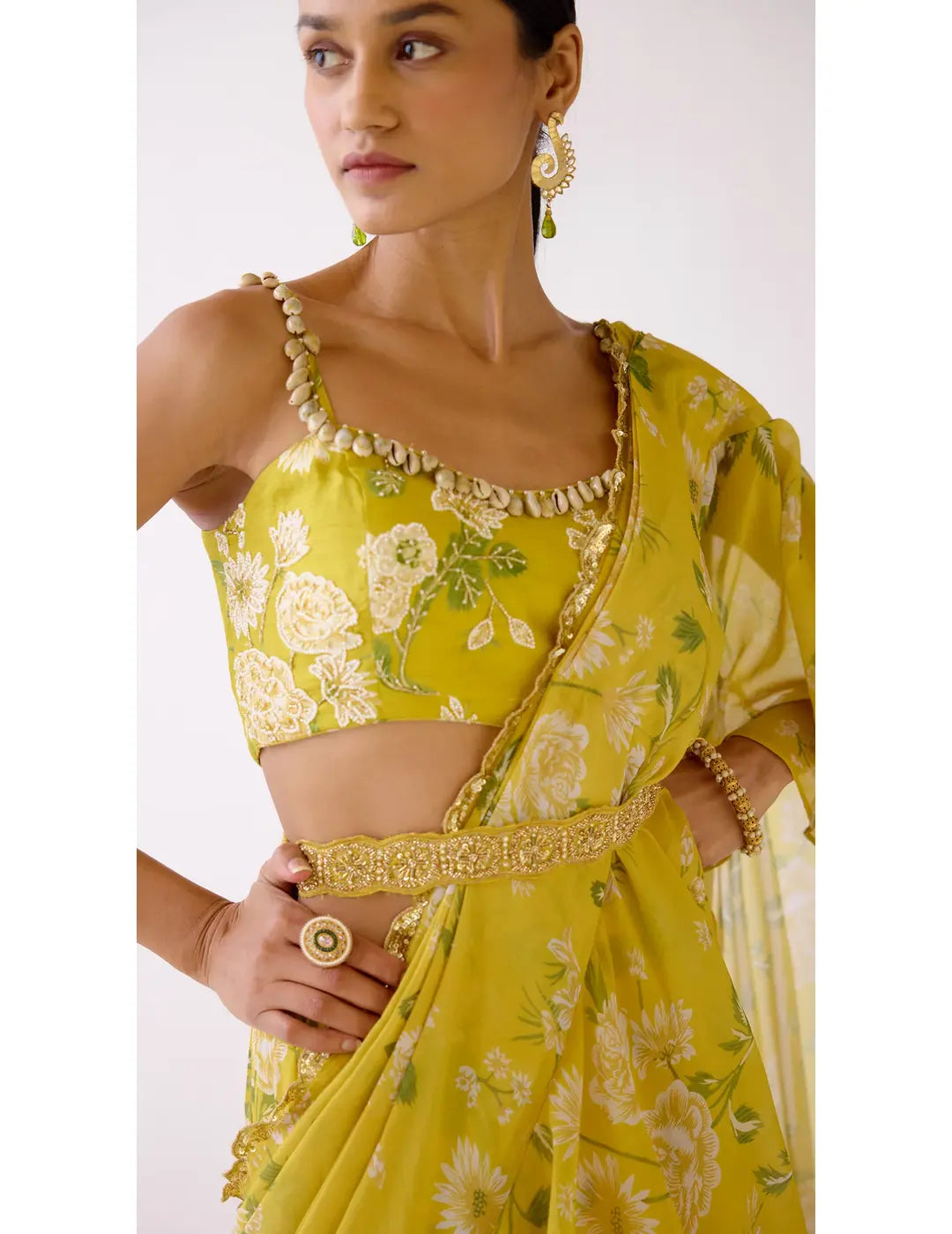 Yellow Embellished Floral Draped Saree