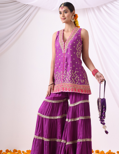 Warm Purple  Short Jacket with Gharara Set