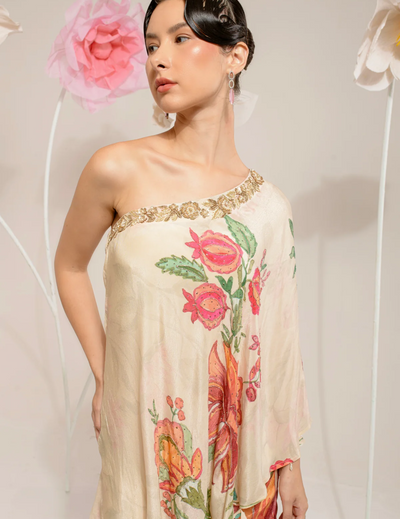 Cream Digital Print One Shoulder Set
