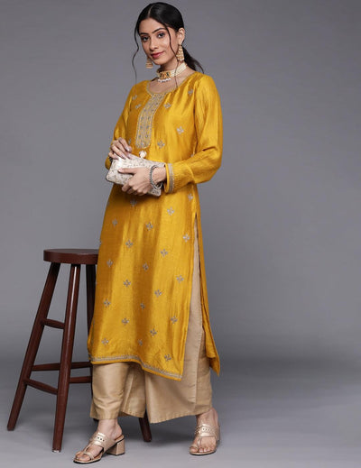 Yellow Embellished Silk Kurta