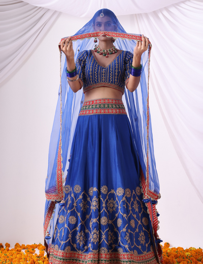 Noor Warm Blue Chanderi Lehenga Set