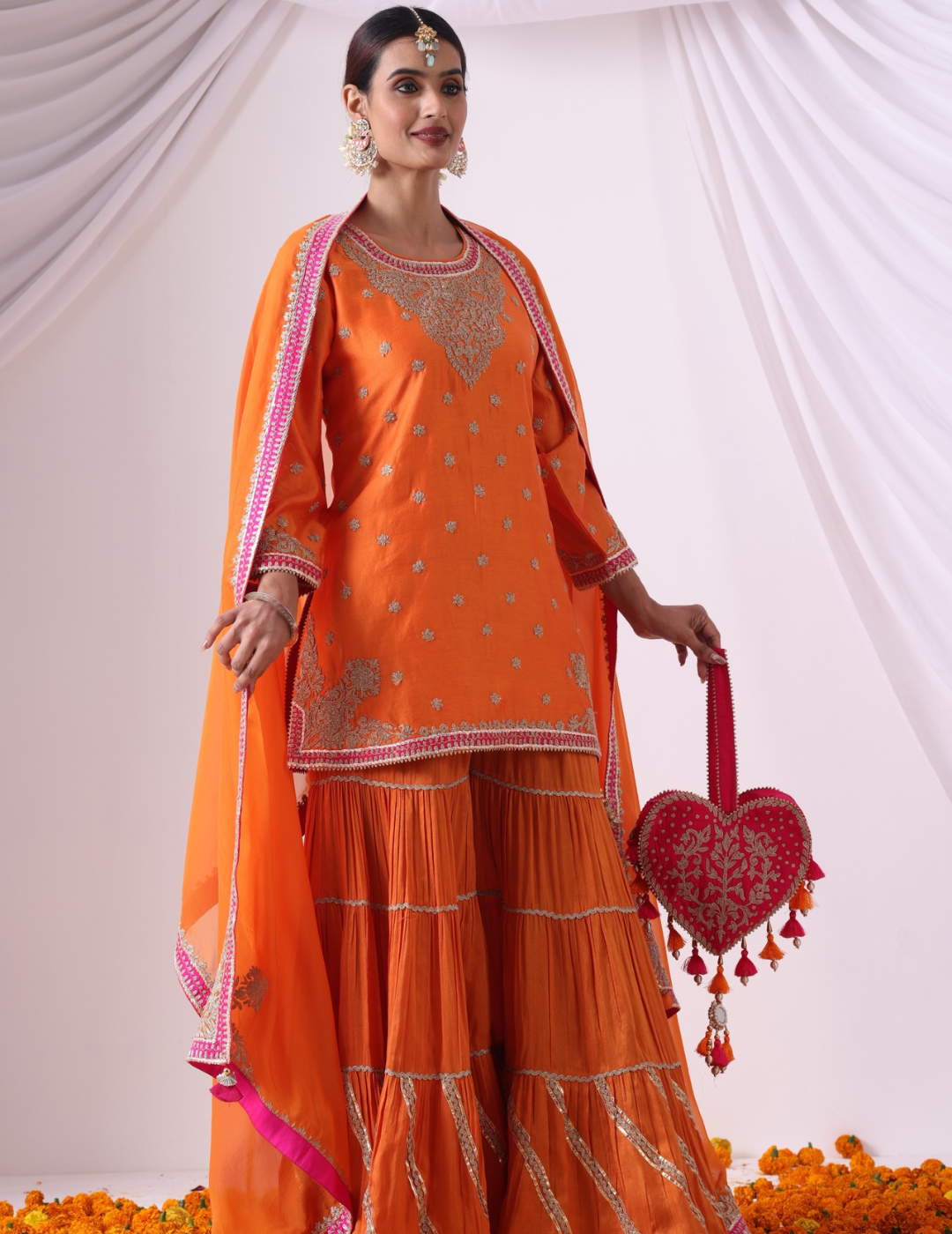 Noor Orange Gharara Set with Embroidered Kurti & Dupatta