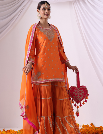 Noor Orange Gharara Set with Embroidered Kurti & Dupatta