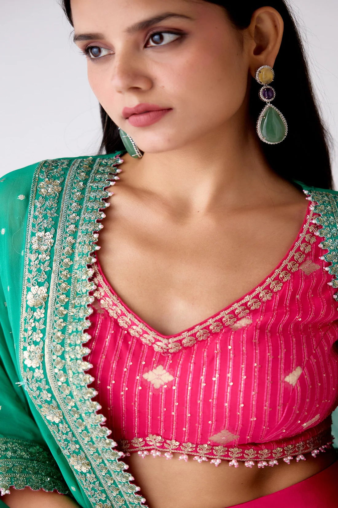 Green Georgette Embroidered Cape Set