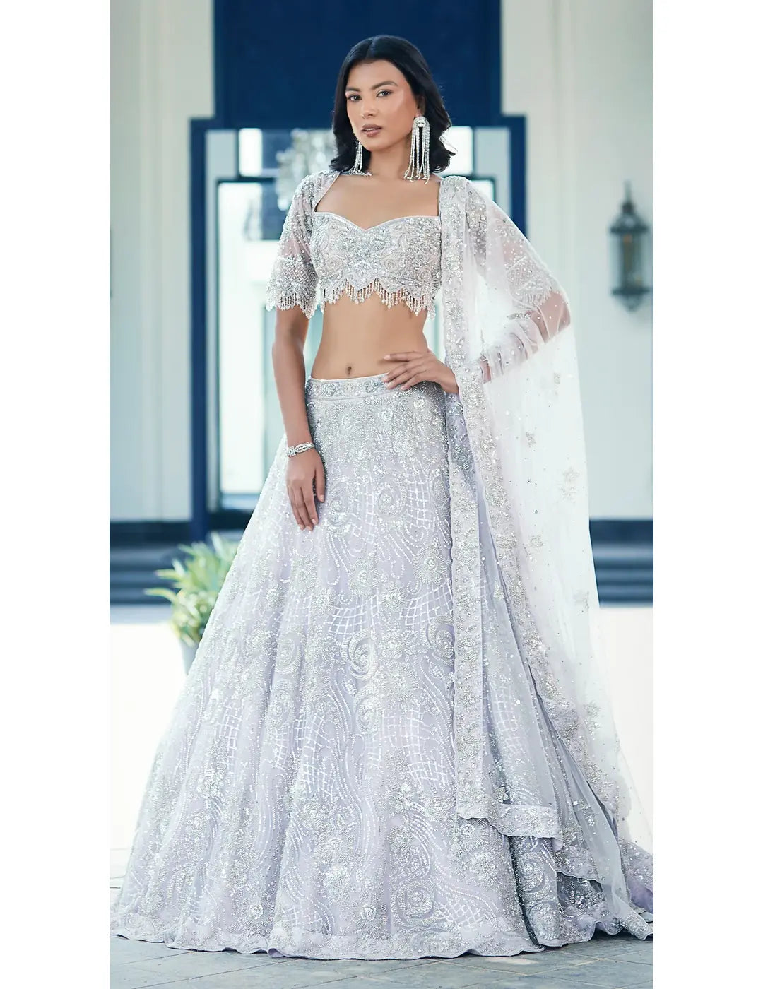 Lilac Embroidered Net Lehenga Set