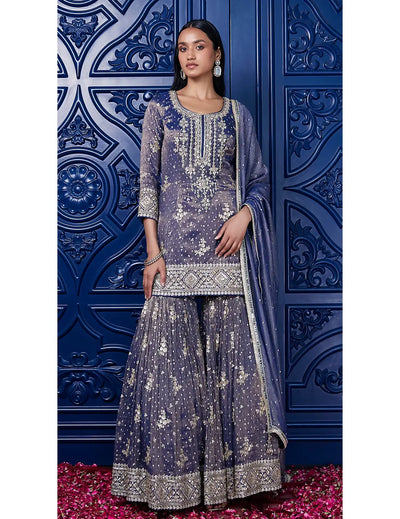 Blue Tissue Embroidered Sharara Set