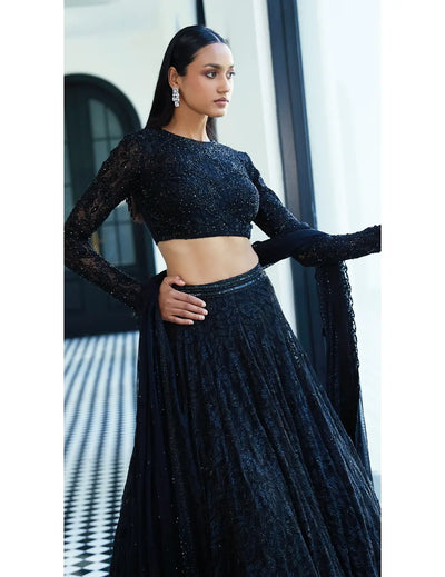 Black Chantilly Net Embroidered Lehenga Set