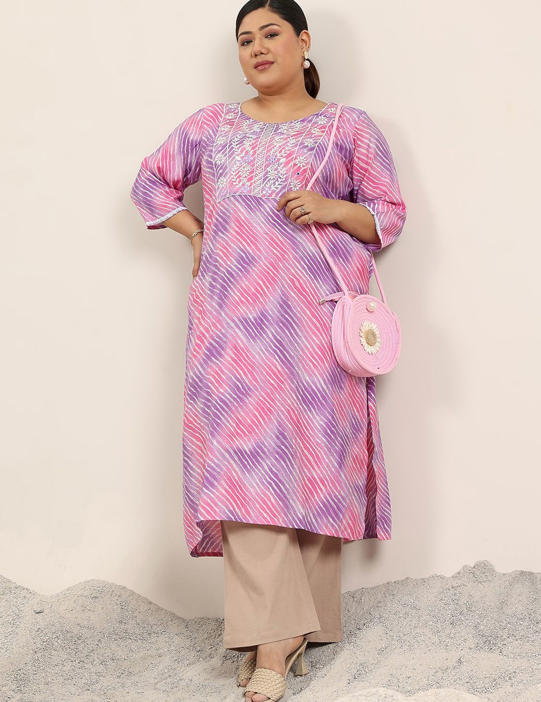 Plus Size Lavender Printed Straight Silk Kurta