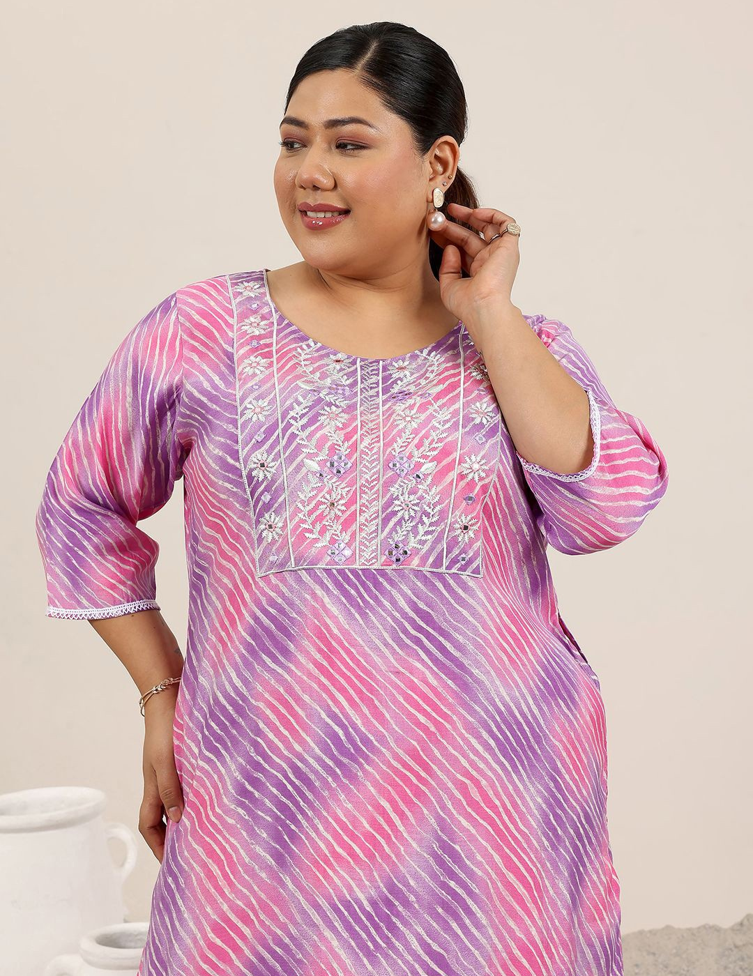 Plus Size Lavender Printed Straight Silk Kurta