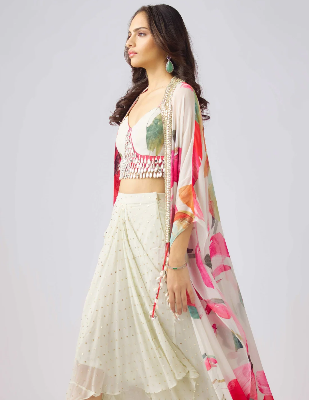 Multi Crepe Embroidered Floral Cape Set