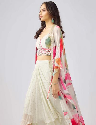 Multi Crepe Embroidered Floral Cape Set