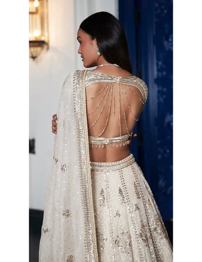 Beige Chantilly Net Embroidered Lehenga Set