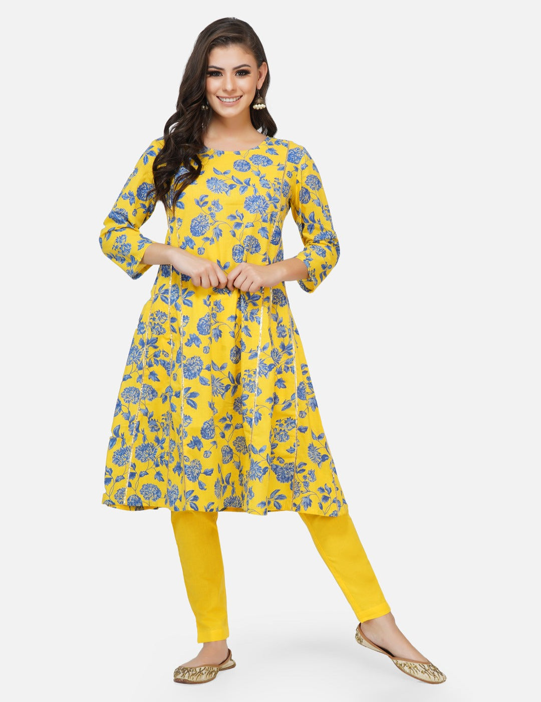 Yellow printed kurta with pants