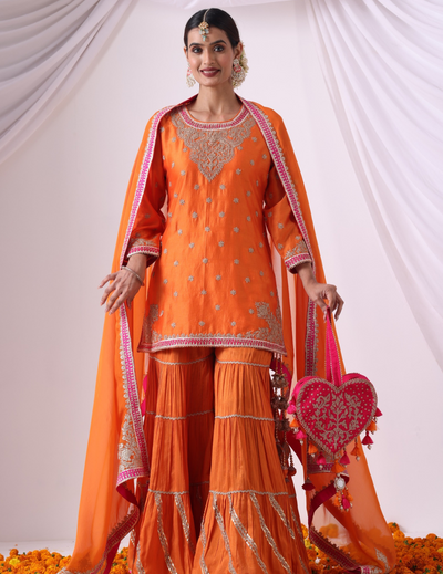 Noor Orange Gharara Set with Embroidered Kurti & Dupatta