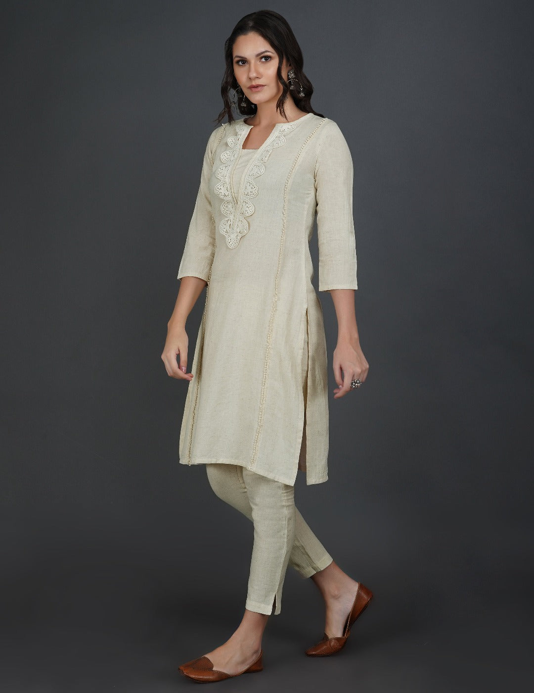 米白色棉质弹力蕾丝 Kurta 套装