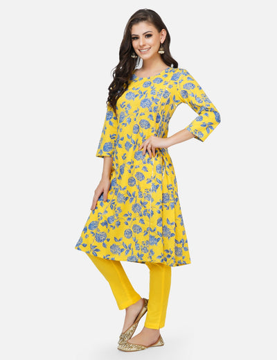 Yellow printed kurta with pants