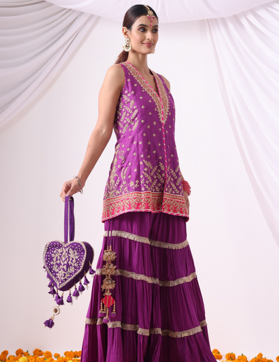 Warm Purple  Short Jacket with Gharara Set