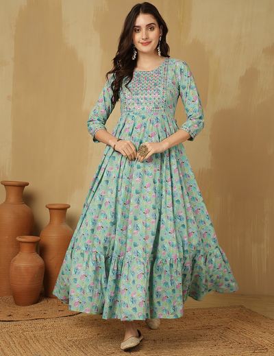 Green Floral Print Anarkali Kurta