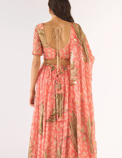 Peach Organza Embroidered Lehenga Set