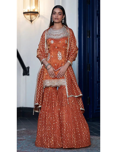 Rust Tissue Embroidered Sharara Set