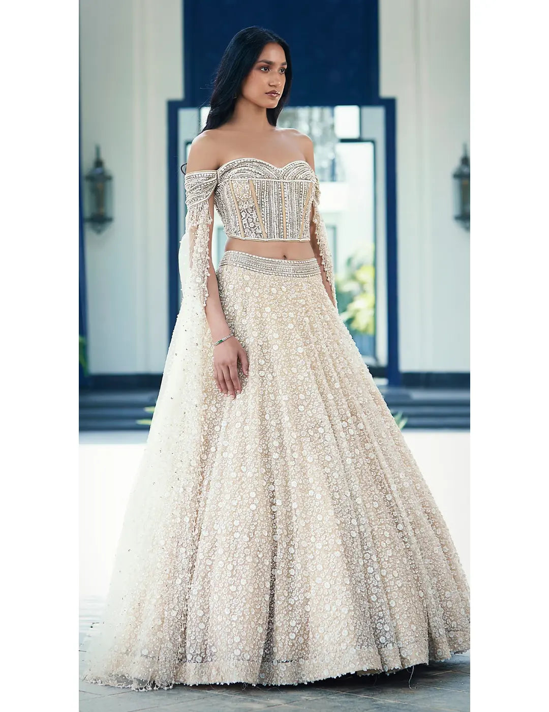 Beige Sequins Net Embroidered Lehenga Set