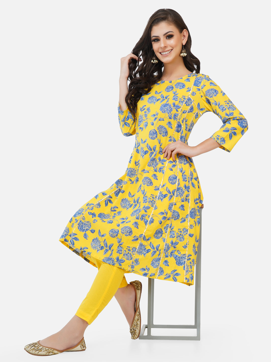 Yellow printed kurta with pants