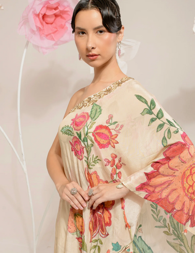 Cream Digital Print One Shoulder Set