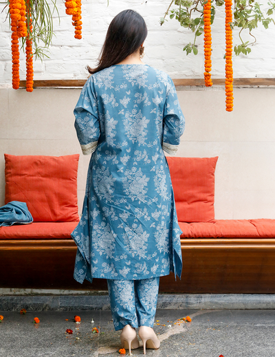 Blue Cotton Khadi Kurta With Pants