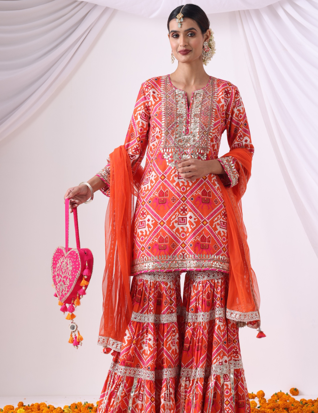 Noor Digital Printed Orange-Pink Gharara Set