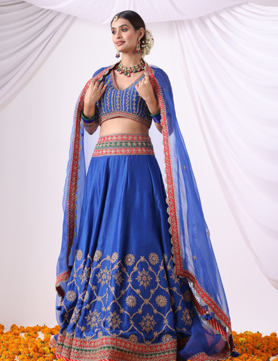 Noor Warm Blue Chanderi Lehenga Set