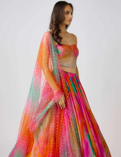 Pink Chinon Embroidered Lehenga Set