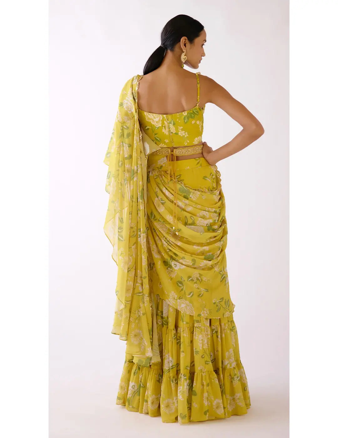 Yellow Embellished Floral Draped Saree