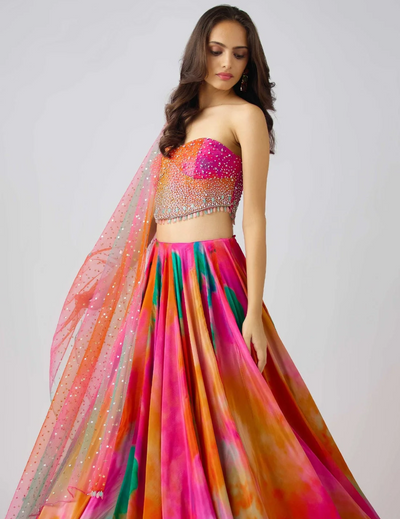 Pink Chinon Embroidered Lehenga Set